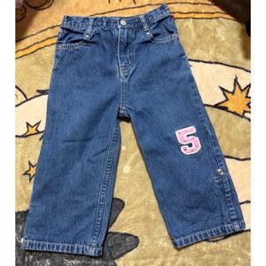 Faded Glory Toddler Girls Blue Denim Jeans Pink Heart Rhinestone Number 5 24M
